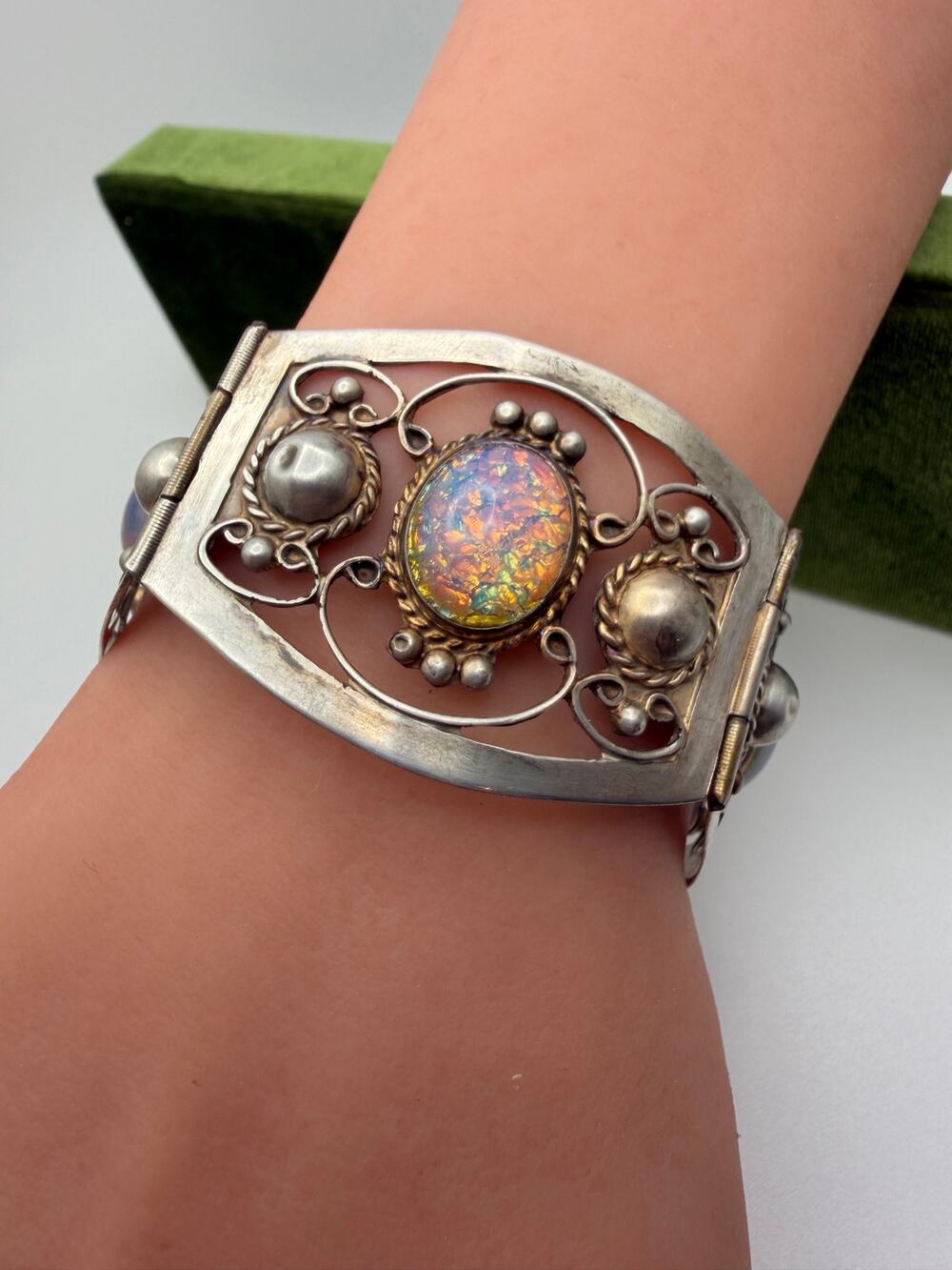 Imitation Opal Glass Statement Bracelet Sterling Silver Vintage BCM